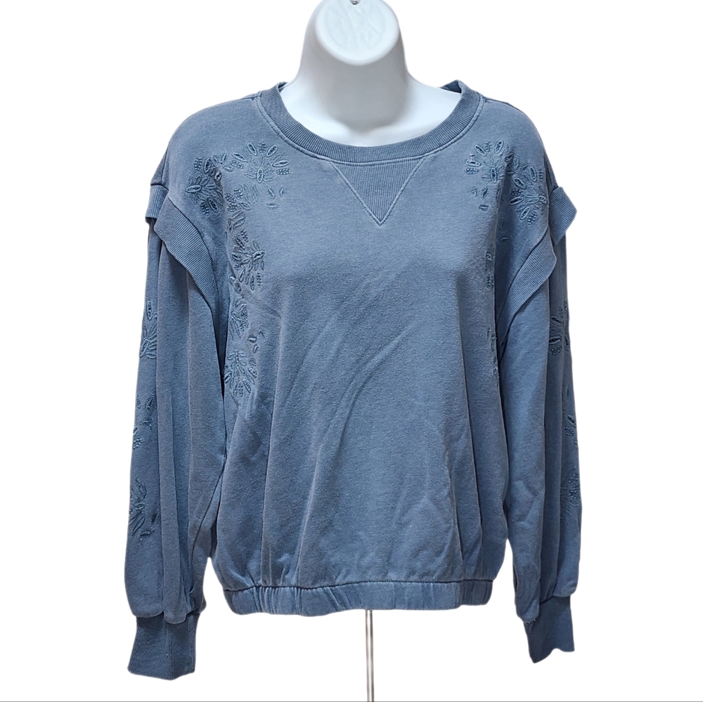 Democracy Sweatshirt Long Sleeve Flange Shoulder Scoop Neck Mineral Wash Blue S